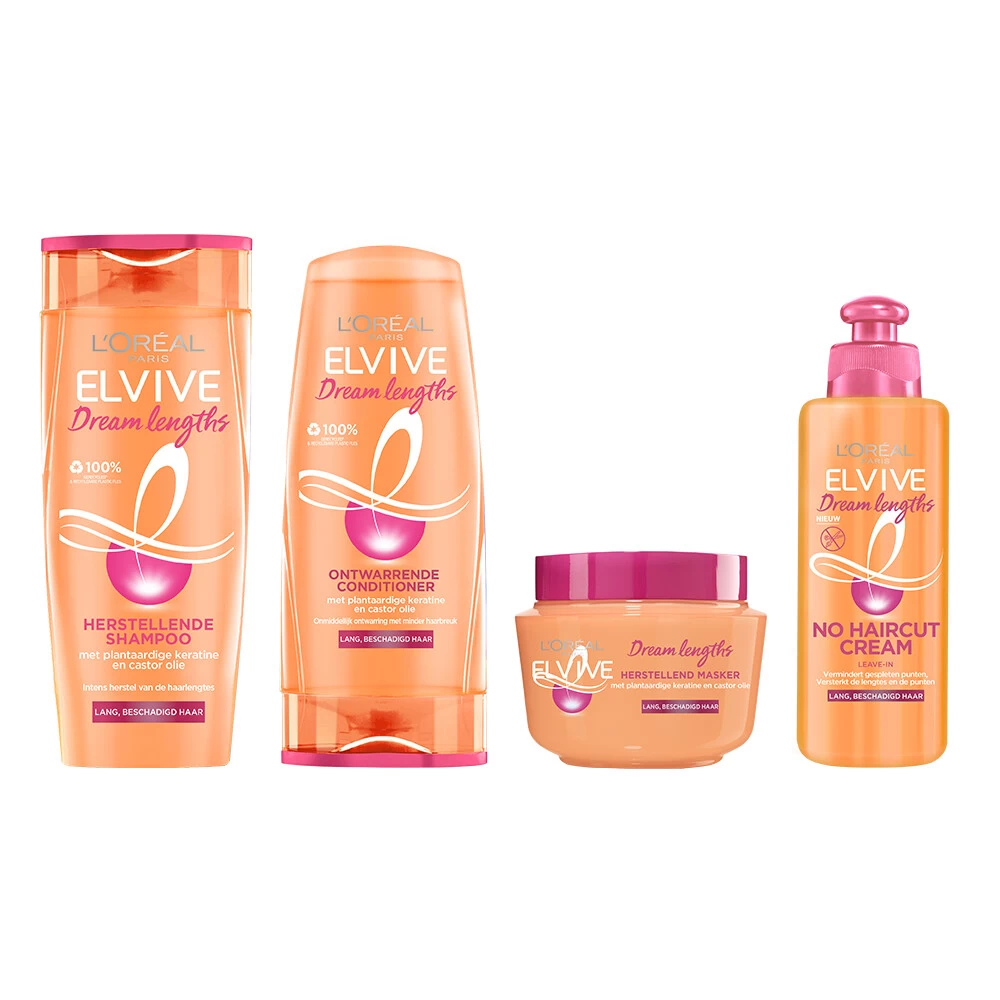 L'Oreal Lu0027Oréal Elvive Dream Lengths Shampoo, Conditioner, Haarmasker & No Haircut Cream Pakket 3 L'Oreal Lu0027Oréal Elvive Dream Lengths Shampoo, Conditioner, Haarmasker & No Haircut Cream Pakket