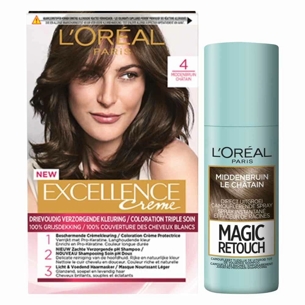 L'Oreal Lu0027Oréal Excellence Creme Haarverf 4 Middenbruin + Magic Retouch Uitgroeispray Middenbruin 75 Ml Pakket 3 L'Oreal Lu0027Oréal Excellence Creme Haarverf 4 Middenbruin + Magic Retouch Uitgroeispray Middenbruin 75 Ml Pakket